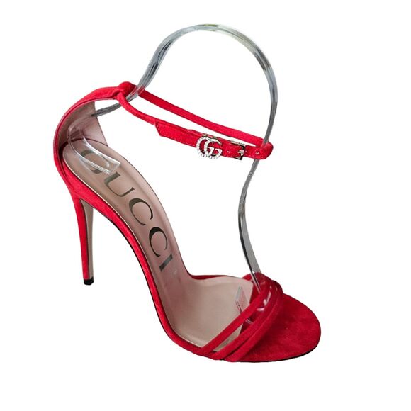Gucci GG Crystal Strappy Stiletto Heel Sandal Size 37.5 US 7.5 Red Suede Silver - Picture 1 of 11